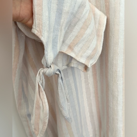 Cloth & Stone Anthropologie Linen Blend Sparkle Striped Top Tie Sleeve-V Neck-XL - Picture 6 of 10